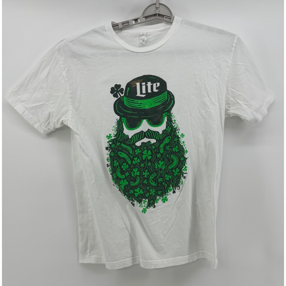 Miller Lite T-Shirt Men's Large Leprechaun Beard Graphic White Green